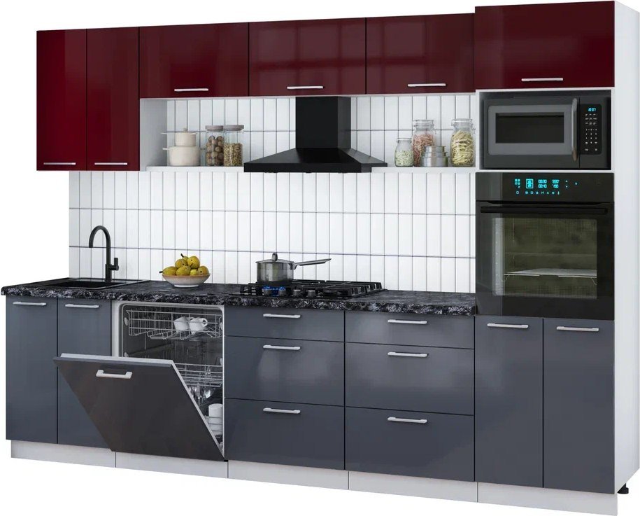 

Готовая кухня Интерлиния Мила Gloss 3.0-ПМ1 (асфальт глянец/бордовый глянец/кастилло темный)