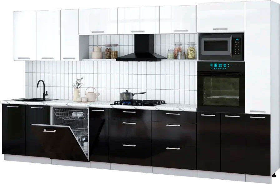 

Готовая кухня Интерлиния Мила Gloss 3.8-ПМ1 (черный глянец/белый глянец/белый гранит)