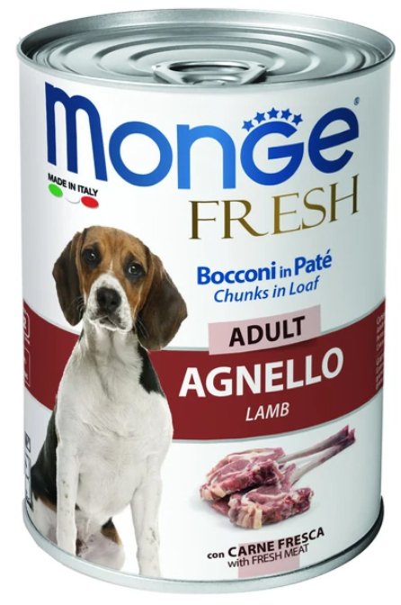 

Консервированный корм для собак Monge Fresh Chunks In Loaf для взрослых собак мясной рулет из ягненка 400 г