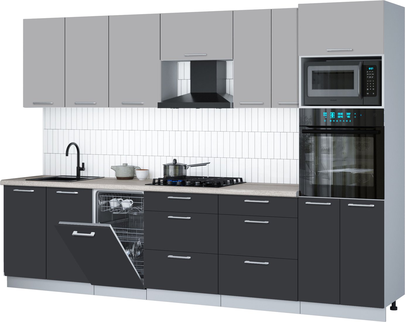 

Готовая кухня Интерлиния Мила Gloss 3.05-ПМ3 (пепел/грей/травертин серый)