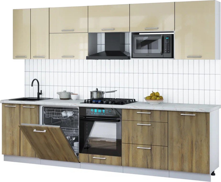 

Готовая кухня Интерлиния Мила Gloss 2.9-ПМ2 (дуб вотан/ваниль глянец/серый каспий)