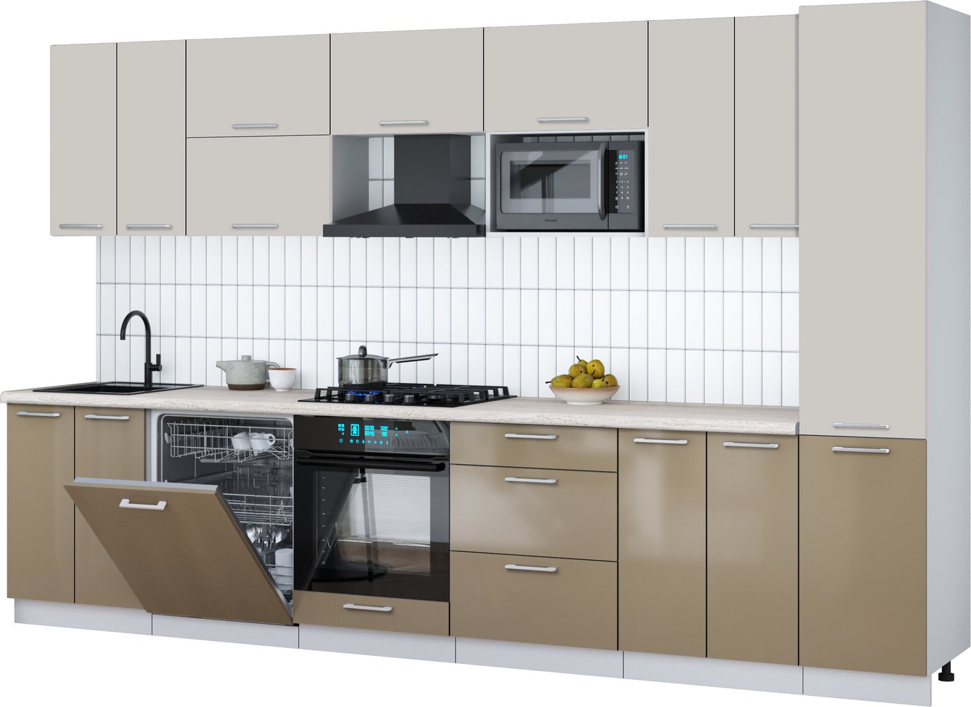 

Готовая кухня Интерлиния Мила Gloss 3.4-ПМ2 (капучино глянец/кашемир/травертин серый)