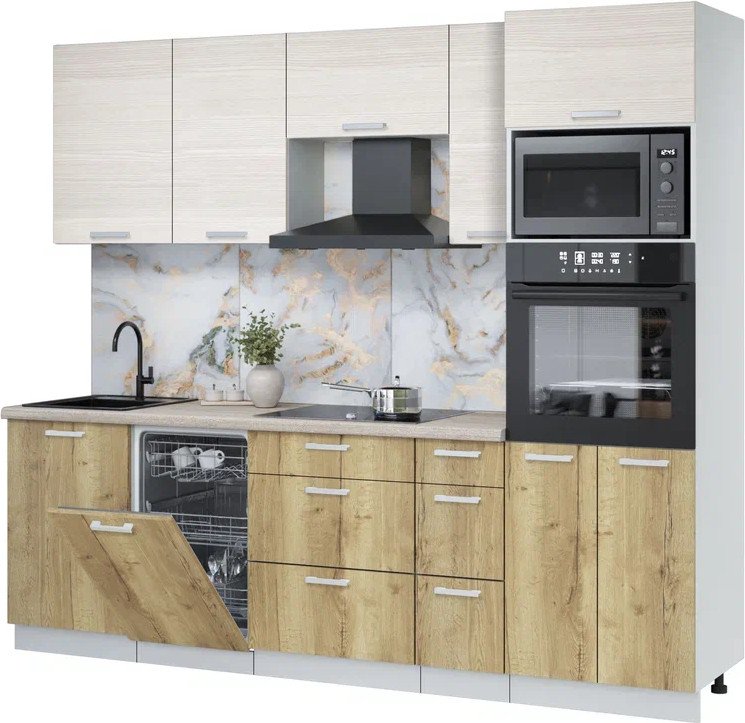 

Готовая кухня Интерлиния Мила Лайт 2.45-ПМ3 (вудлайн кремовый/дуб золотой/травертин серый)