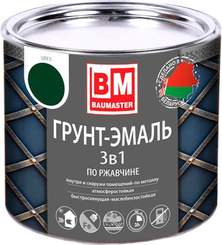 

Грунт-эмаль Baumaster По ржавчине 3в1 RAL 6005 (1.6 кг, зеленый мох)