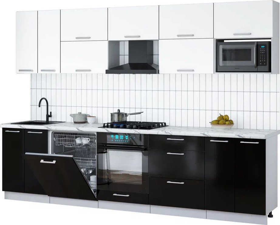 

Готовая кухня Интерлиния Мила Gloss 3.0-ПМ2 (черный глянец/белый/белый гранит)