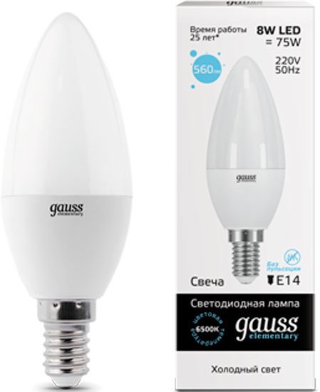 

Светодиодная лампочка Gauss LED Elementary Candle 8W E14 6500K 33138 (10 шт)