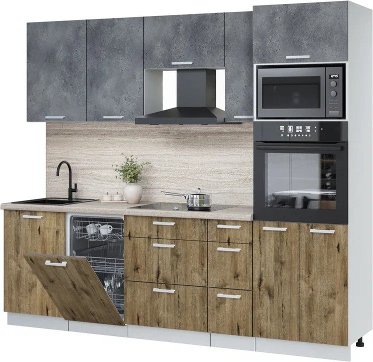 

Готовая кухня Интерлиния Мила Лайт 2.45-ПМ3 (бетон портленд/дуб веллингтон/травертин серый)