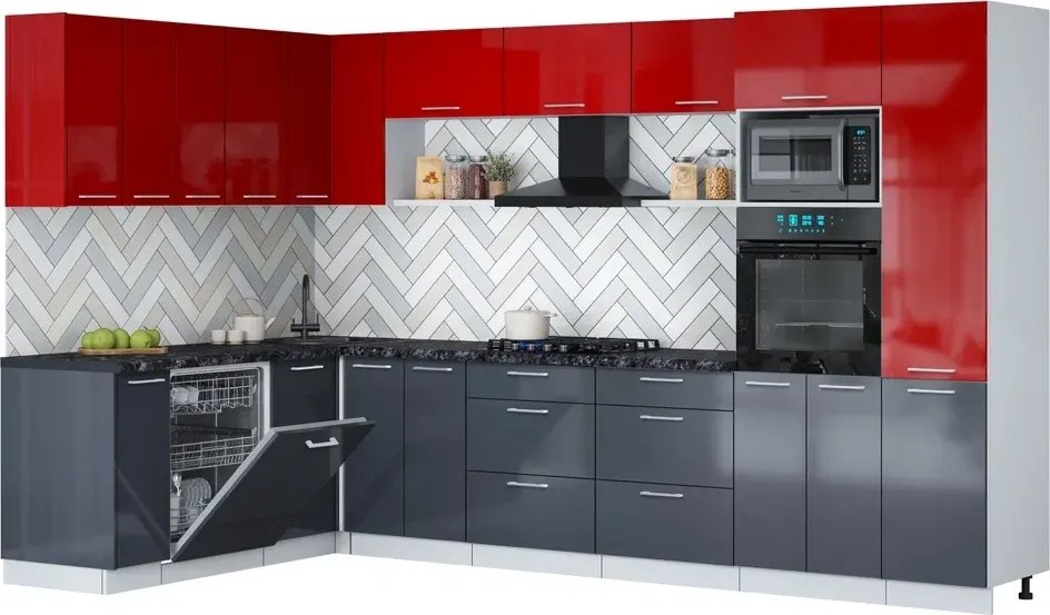 

Готовая кухня Интерлиния Мила Gloss 1.896х3.38 (асфальт глянец/красный глянец/кастилло темный)