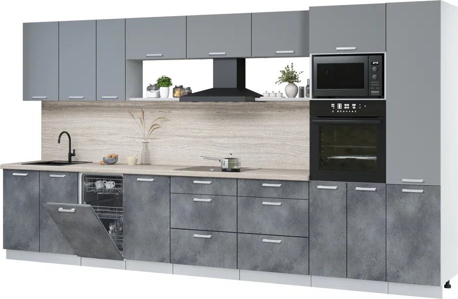 

Готовая кухня Интерлиния Мила Лайт 3.9-ПМ3 (серебро/бетон портленд/травертин серый)