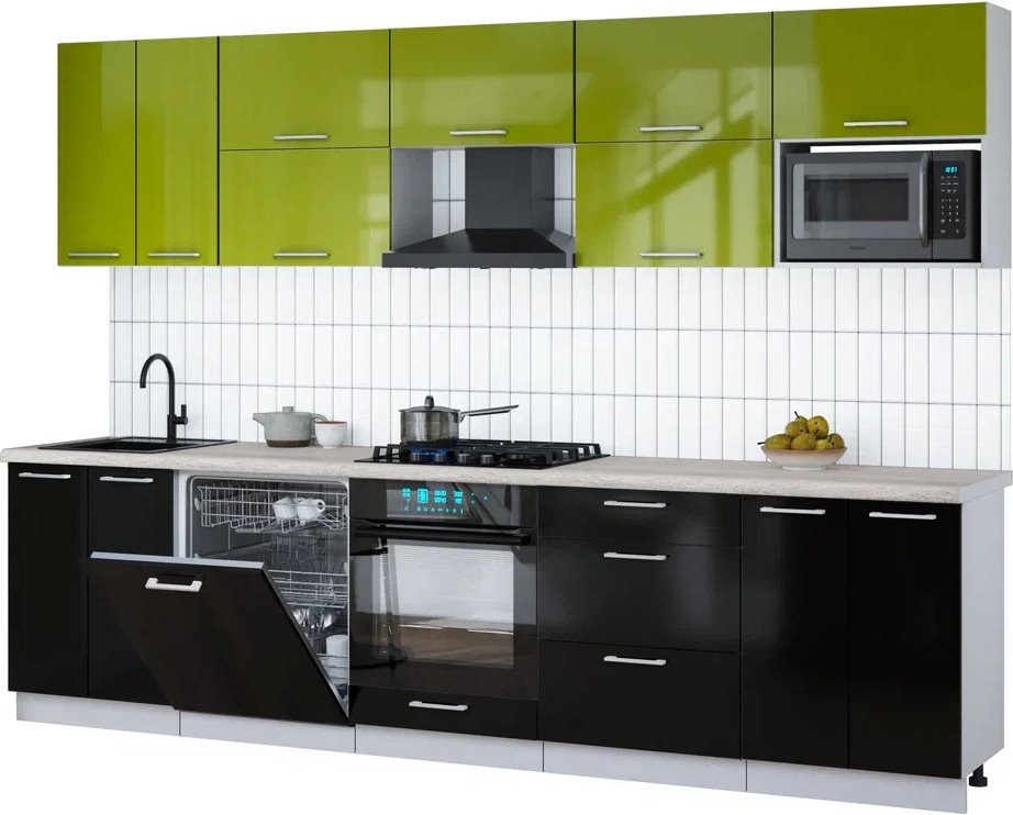 

Готовая кухня Интерлиния Мила Gloss 3.0-ПМ2 (черный глянец/яблоко глянец/травертин серый)