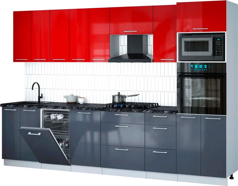 

Готовая кухня Интерлиния Мила Gloss 3.1-ПМ3 (асфальт глянец/красный глянец/кастилло темный)