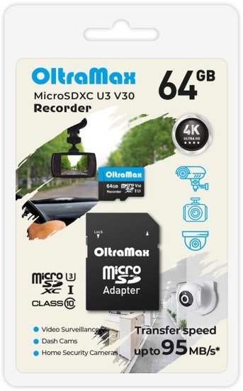 

Карта памяти OltraMax Recorder microSDXC 64GB OM64GCSDXC10-U3-V30 (с адаптером)