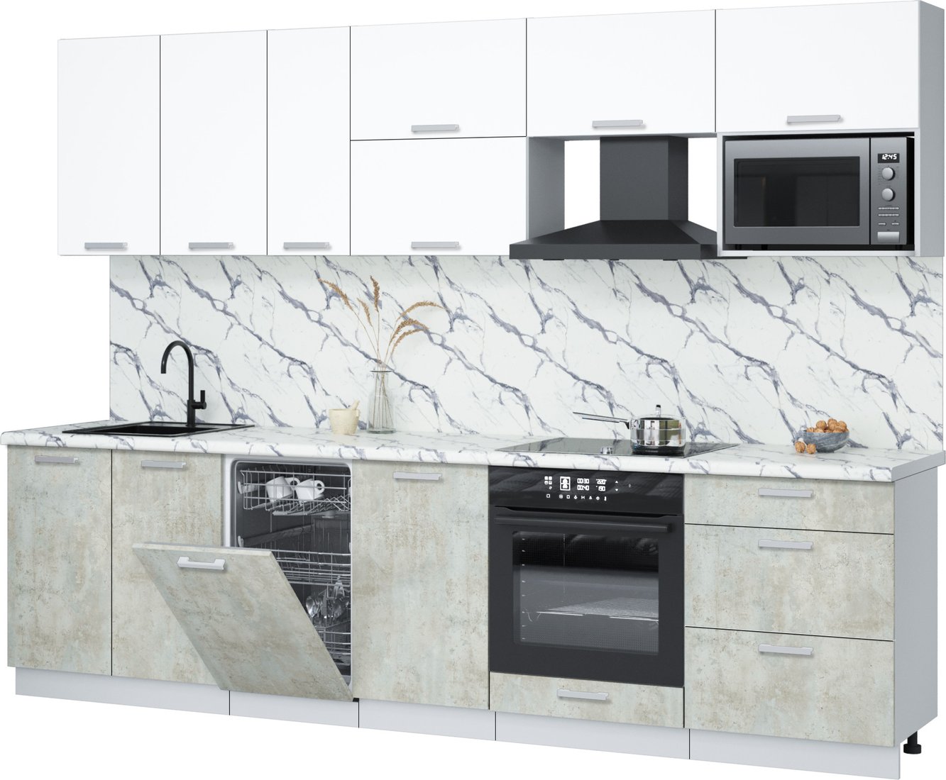 

Готовая кухня Интерлиния Мила Лайт 2.9-ПМ4 (белый платинум/бетон лайт/белый гранит)