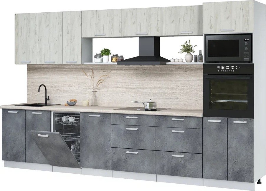 

Готовая кухня Интерлиния Мила Лайт 3.5-ПМ3 (дуб белый/бетон портленд/травертни)