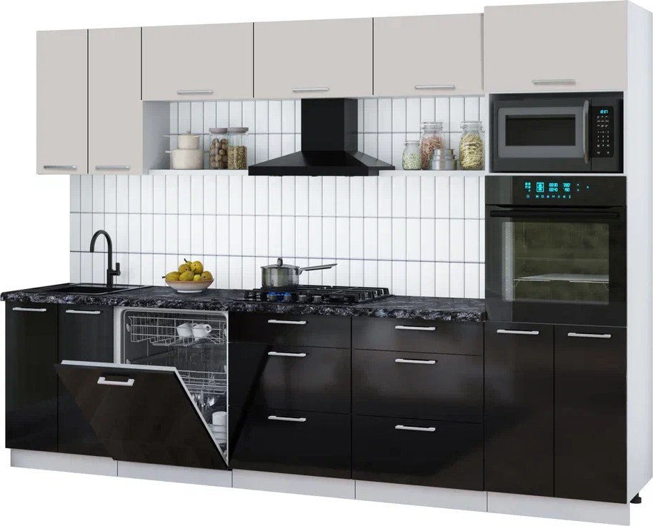 

Готовая кухня Интерлиния Мила Gloss 3.0-ПМ1 (черный глянец/кашемир/кастилло темный)