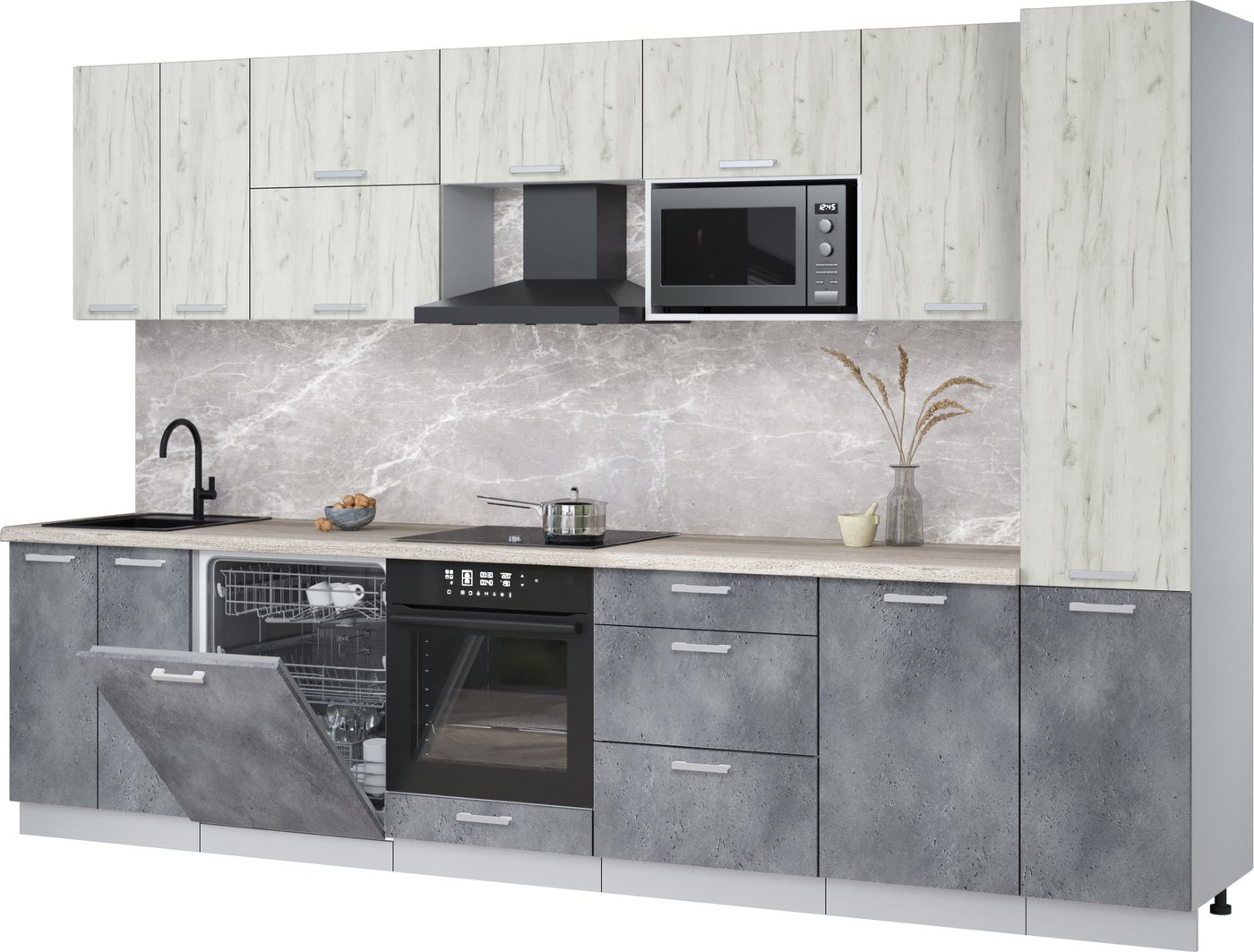 

Готовая кухня Интерлиния Мила Лайт 3.3-ПМ2 (дуб белый/бетон портленд/травертин серый)