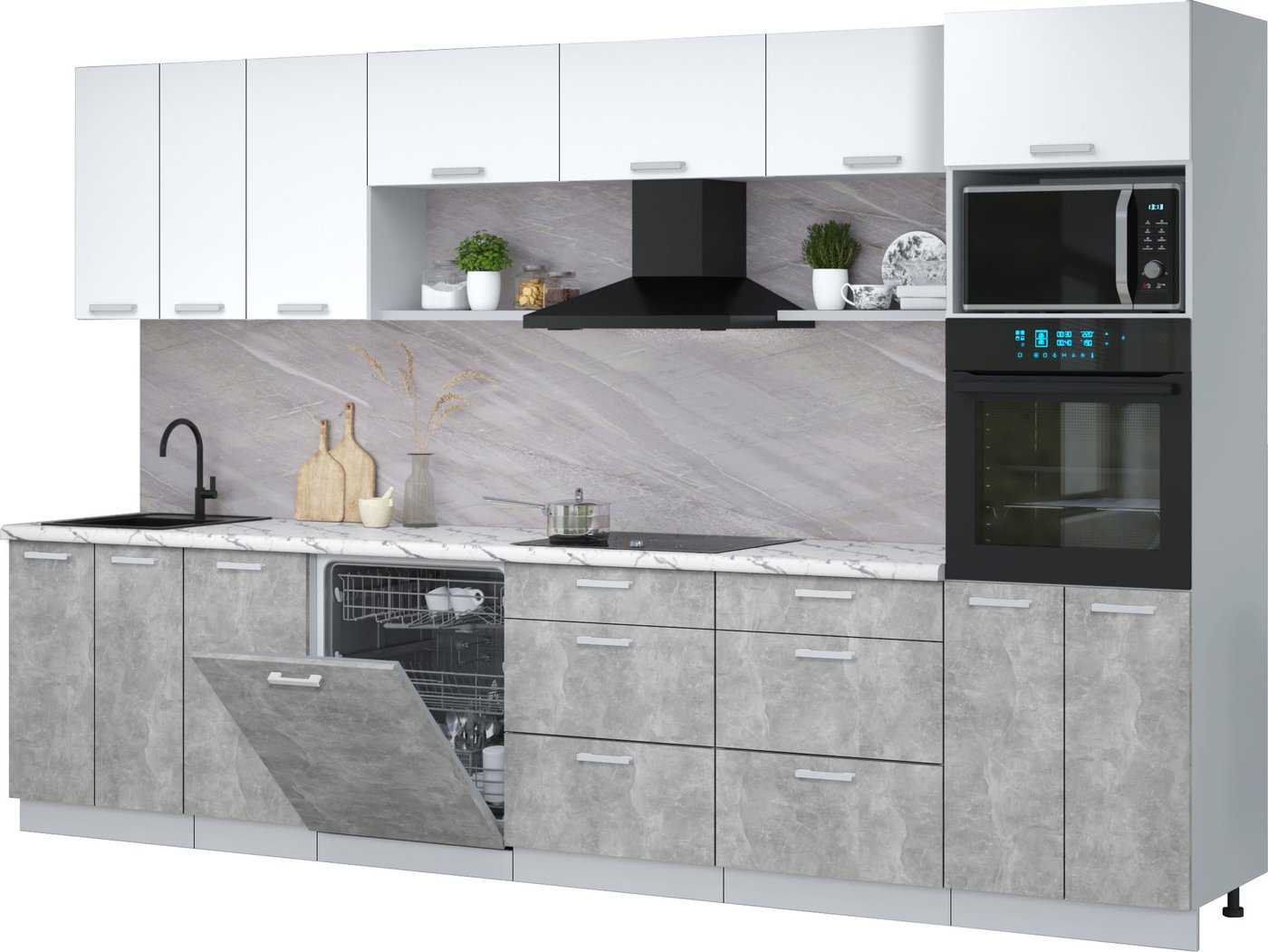 

Готовая кухня Интерлиния Мила Лайт 3.4-ПМ1-2 (белый платинум/бетон/белый гранит)