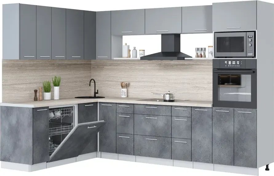 

Готовая кухня Интерлиния Мила Лайт 1.896х2.98-2 (серебро/бетон портленд/травертин серый)