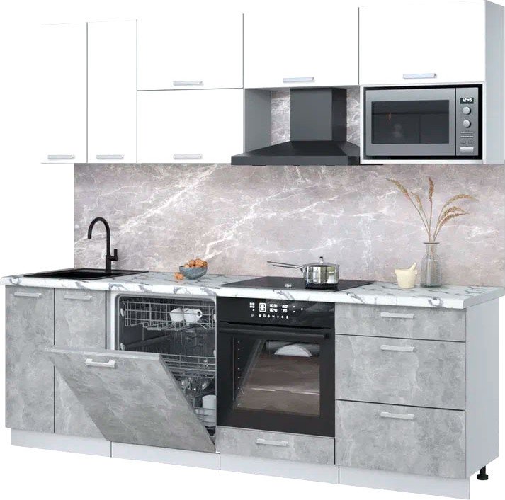 

Готовая кухня Интерлиния Мила Лайт 2.4-ПМ2 (белый платинум/бетон/белый гранит)