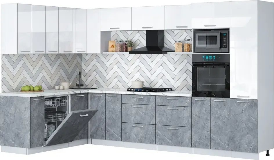 

Готовая кухня Интерлиния Мила Gloss 1.896х3.38 (керамика/белый глянец/белый гранит)