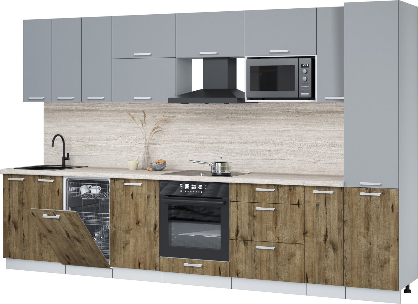 

Готовая кухня Интерлиния Мила Лайт 3.4-ПМ4 (серебро/дуб веллингтон/травертин серый)