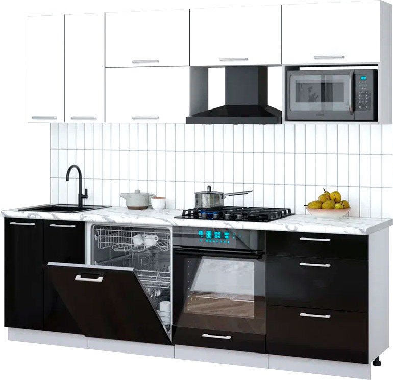 

Готовая кухня Интерлиния Мила Gloss 2.4-ПМ2 (черный глянец/белый глянец/белый гранит)