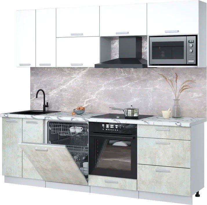 

Готовая кухня Интерлиния Мила Лайт 2.4-ПМ2 (белый платинум/бетон лайт/белый гранит)