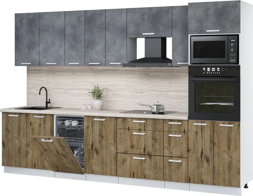 

Готовая кухня Интерлиния Мила Лайт 3.2-ПМ3 (бетон портленд/дуб веллингтон/травертин серый)