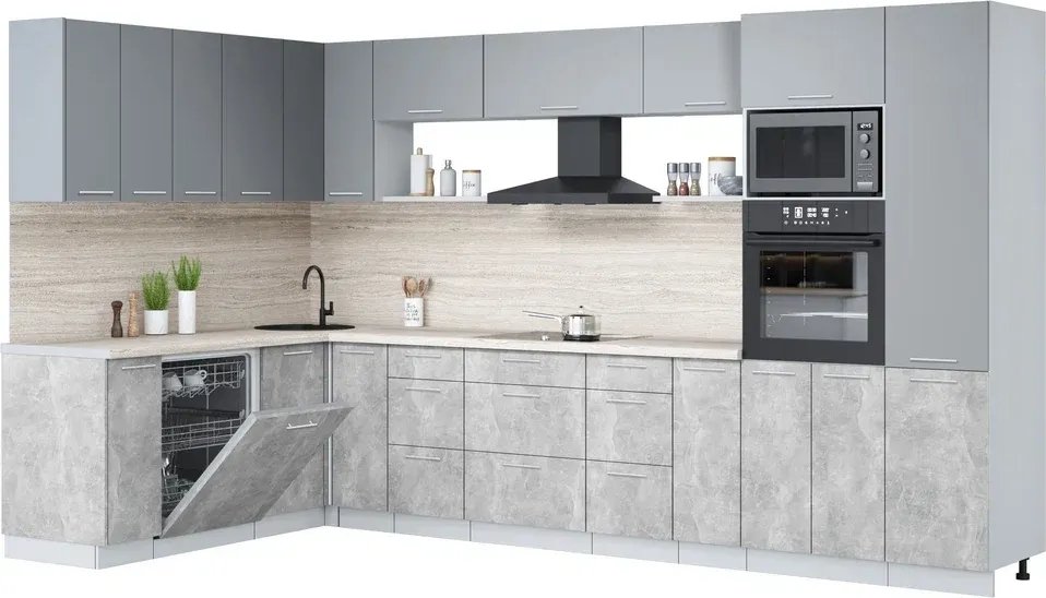 

Готовая кухня Интерлиния Мила Лайт 1.896х3.58 ( серебро/бетон/травертин серый)