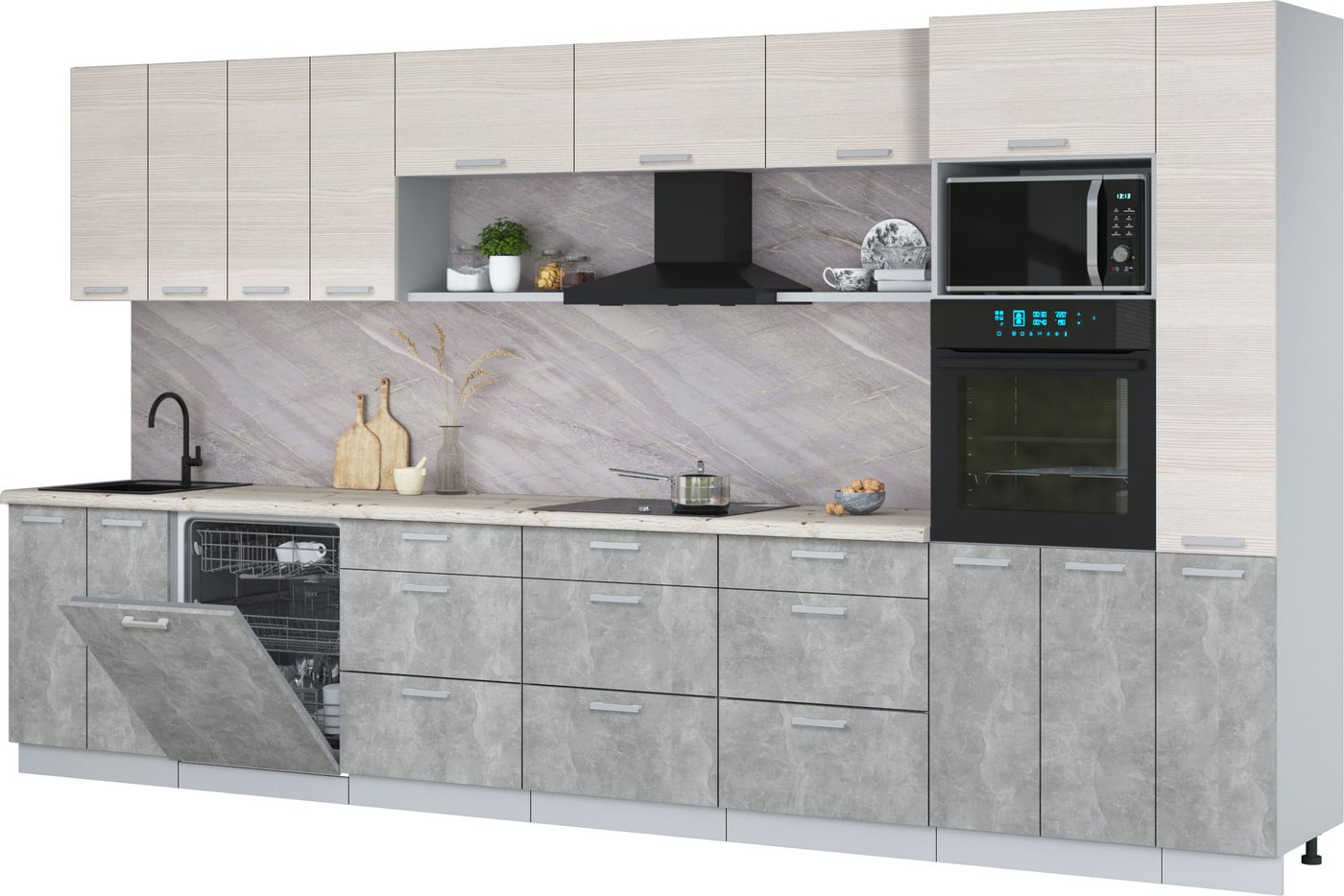 

Готовая кухня Интерлиния Мила Лайт 3.9-ПМ1 (вудлайн кремовый/бетон/бискайская сосна)