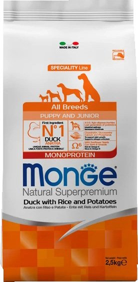 

Сухой корм для собак Monge Speciality Line Monoprotein Puppy с уткой, рисом и картофелем (2.5 кг)