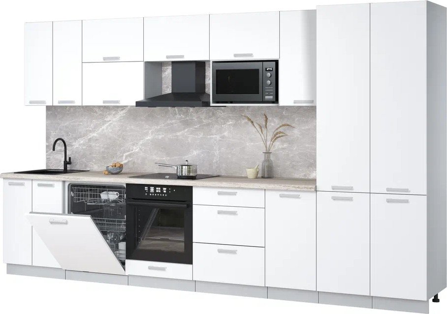 

Готовая кухня Интерлиния Мила Лайт 3.6-ПМ2 (белый платинум/белый платинум/травертин серый)