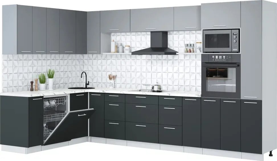 

Готовая кухня Интерлиния Мила Лайт 1.896х3.48 (серебро/антрацит/белый гранит)