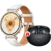 Умные часы Huawei Watch GT 6 41 мм (золотистый, с белым кожаным ремешком, международная версия) + наушники Huawei FreeBuds 6i по акции