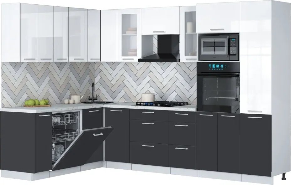 

Готовая кухня Интерлиния Мила Gloss 1.896х2.98 (пепел/белый глянец/серый каспий)