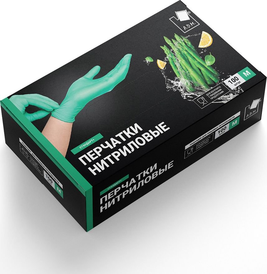 

Нитриловые перчатки A.D.M Стандарт+ (L, 100 шт, мятный)