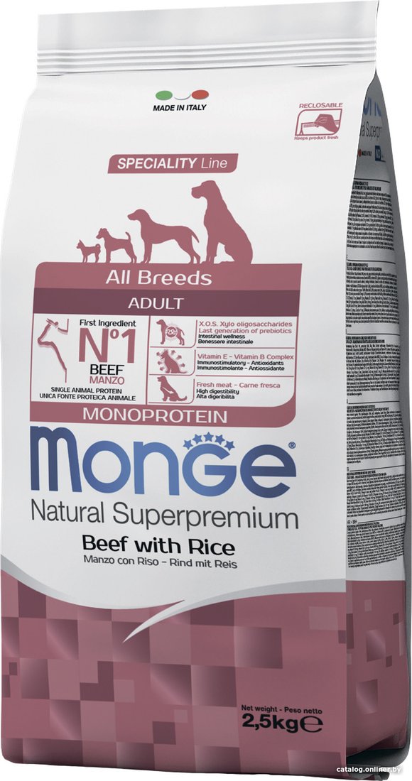 Сухой корм для собак Monge All Breeds Adult Monoprotein Beed with Rice для всех пород с говядиной и рисом (2.5 кг)