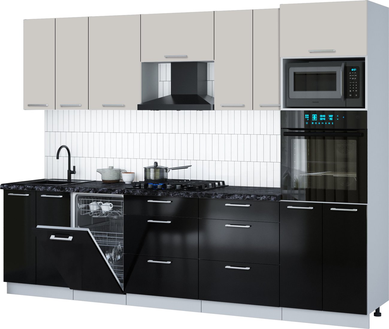 

Готовая кухня Интерлиния Мила Gloss 2.85-ПМ3 (черный глянец/кашемир/кастилло темный)