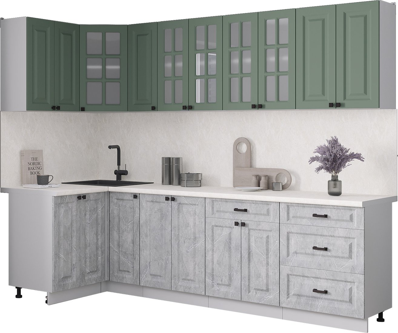 

Готовая кухня Интерлиния Мила Деко 1.2x2.7 (керамика/мята/опал светлый)