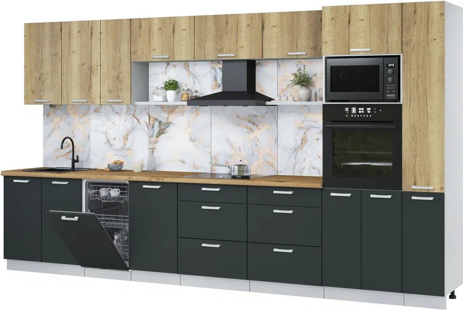 

Готовая кухня Интерлиния Мила Лайт 3.8-ПМ3 (дуб золотой/антрацит/дуб бунратти)