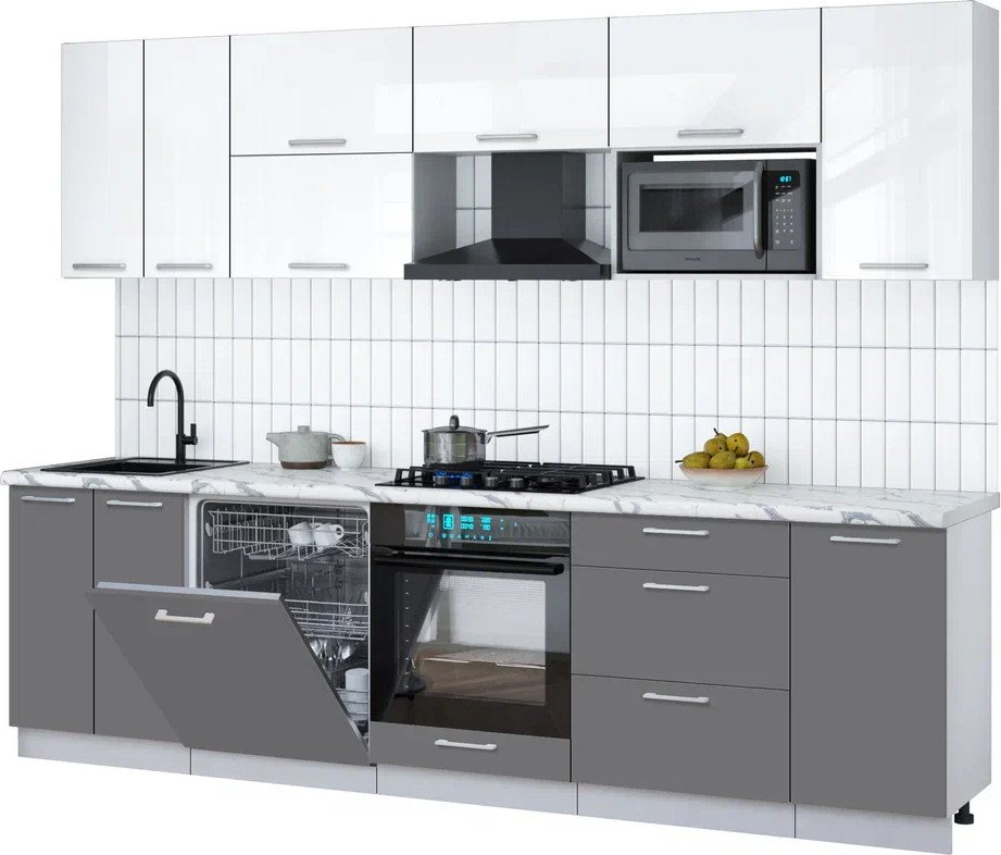 

Готовая кухня Интерлиния Мила Gloss 2.8-ПМ2 (серый/белый глянец/белый гранит)