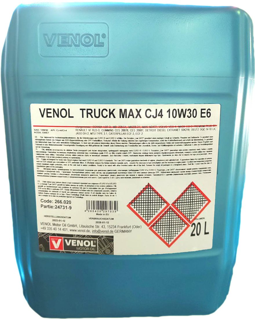 Моторное масло Venol Truck Max CJ4 10W-30 E6 CJ-4/CI-4 E6/E9 20л