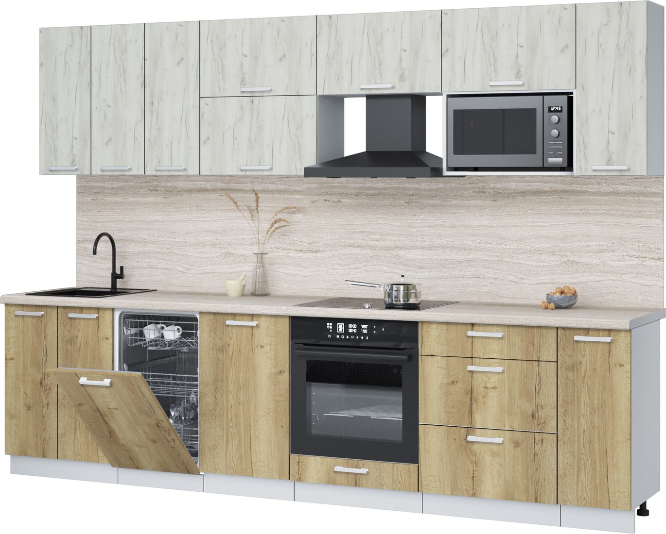 

Готовая кухня Интерлиния Мила Лайт 3.0-ПМ4 (дуб белый/дуб золотой/травертин серый)