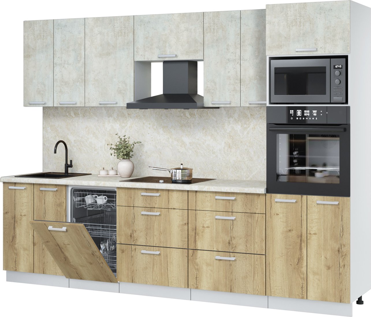 

Готовая кухня Интерлиния Мила Лайт 2.85-ПМ3 (бетон лайт/дуб золотой/опал светлый)