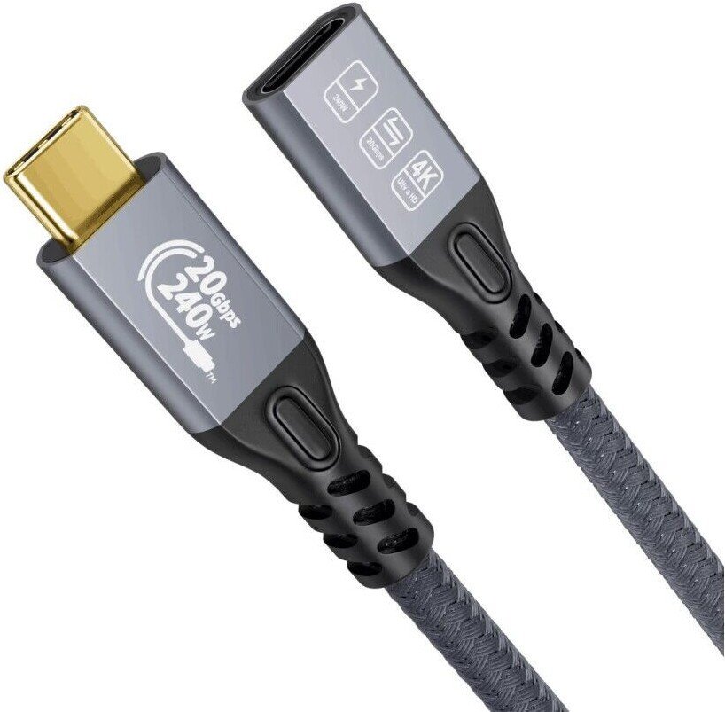 Удлинитель USBTOP PD 240W USB Type-C - USB Type-C (M-F, с чипом E-Marker, 5 м, серый)
