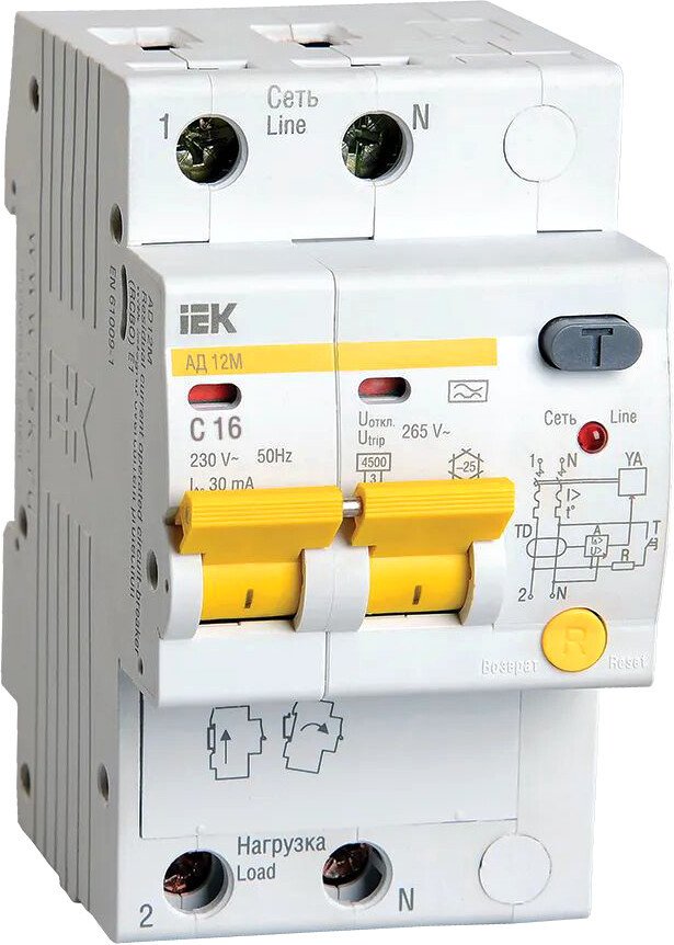 

Дифференциальный автомат IEK АД-12М 2Р 16А 30мА C MAD12-2-016-C-030