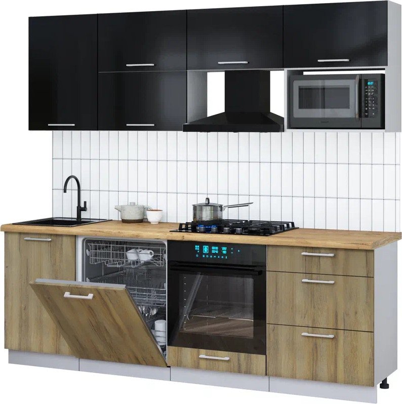 

Готовая кухня Интерлиния Мила Gloss 2.3-ПМ2 (дуб вотан/черный глянец/дуб бунратти)