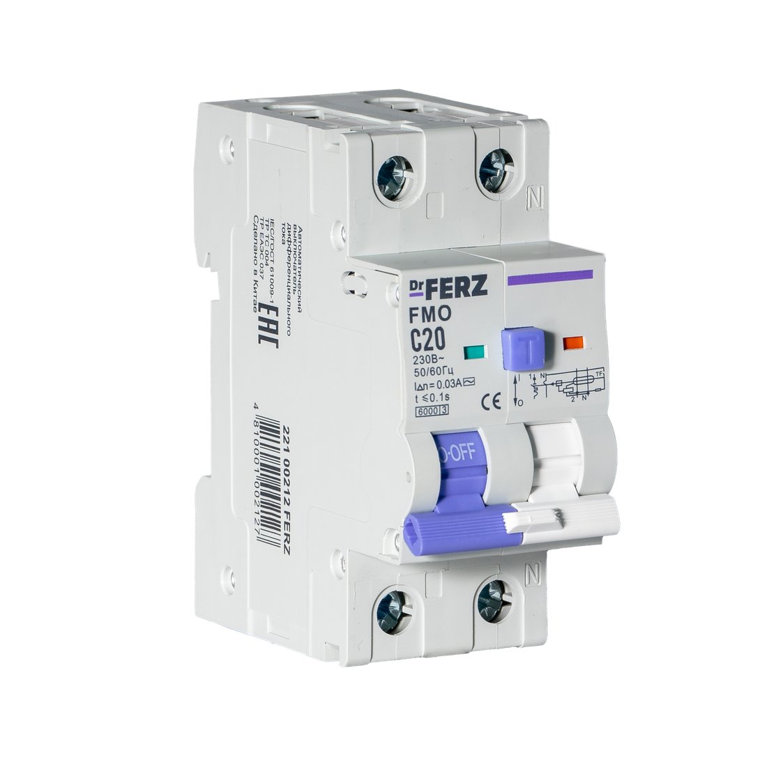 

Дифференциальный автомат Dr.Ferz FMO-EL-1P+N 20A 30mA 6kA AC C 2M 22100212FERZ