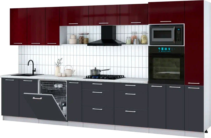 

Готовая кухня Интерлиния Мила Gloss 3.8-ПМ1 (пепел/бордовый глянец/серый каспий)