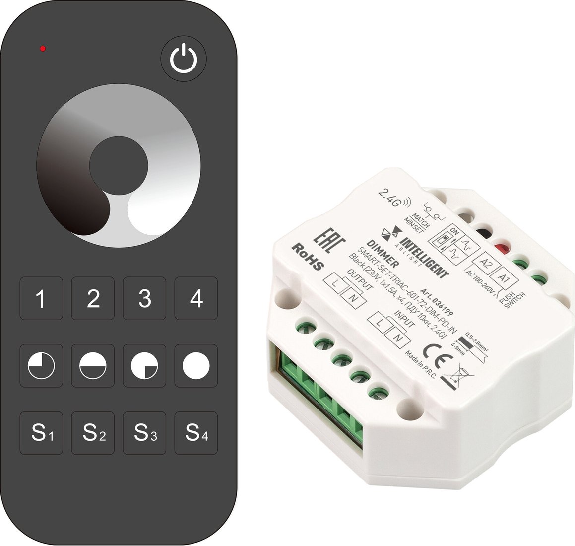 

Диммер RGB Arlight Intelligent SMART-SET-TRIAC-601-72-DIM-PD-IN Black (230V, 1x1.5A, x4, ПДУ 10кн, 2.4G) 036199